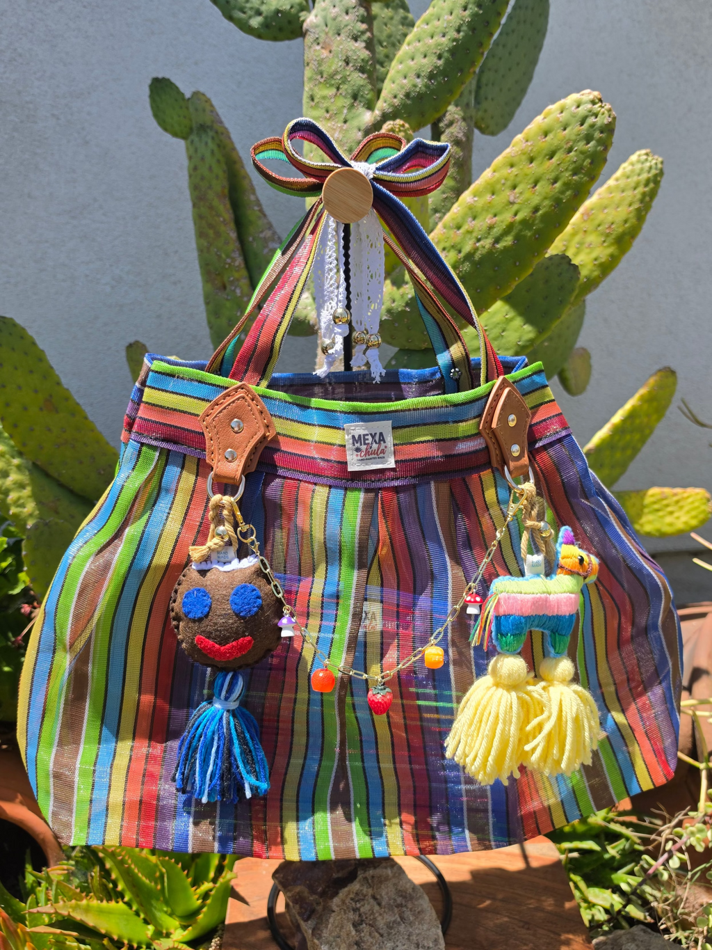 Bolso de Mercado Plisado MEXA Chula – Rayas de Colores & Fiesta Mexicana