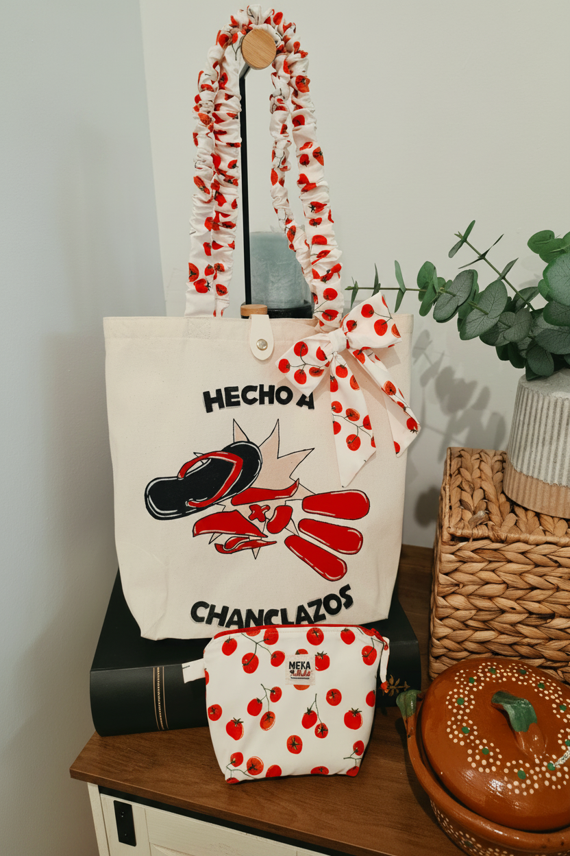 Tote Bag Pintada a Mano - Edición "Hecho a Chanclazos" (Set Premium con Cosmetiquera)