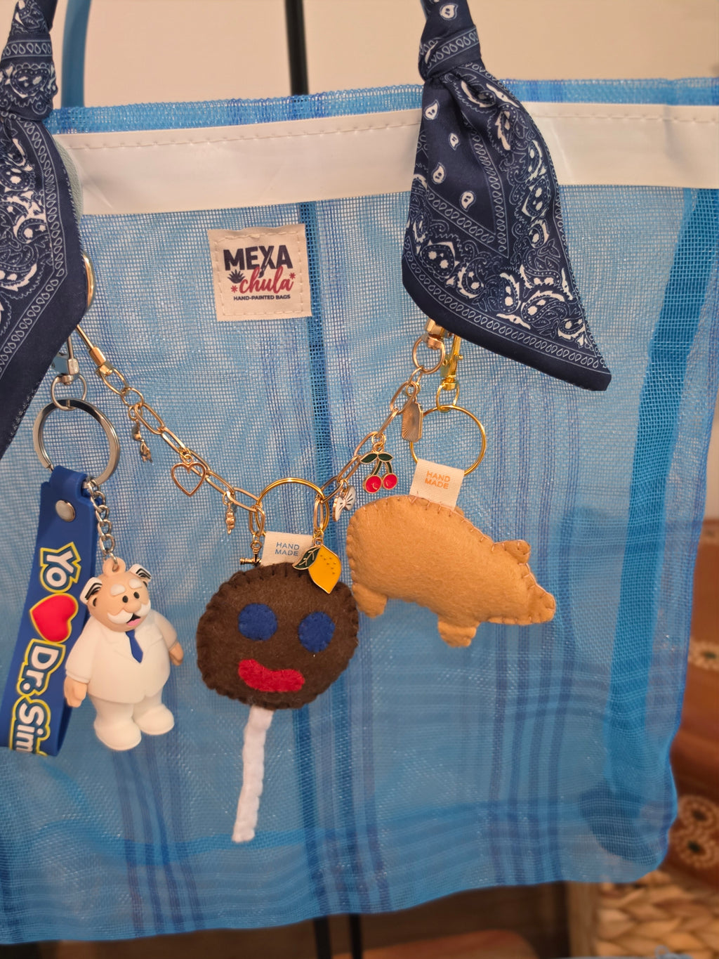 Bolso de Mercado Chico (S) "Marranito, Paleta Payaso y Dr. Simi" con Paliacate Marino