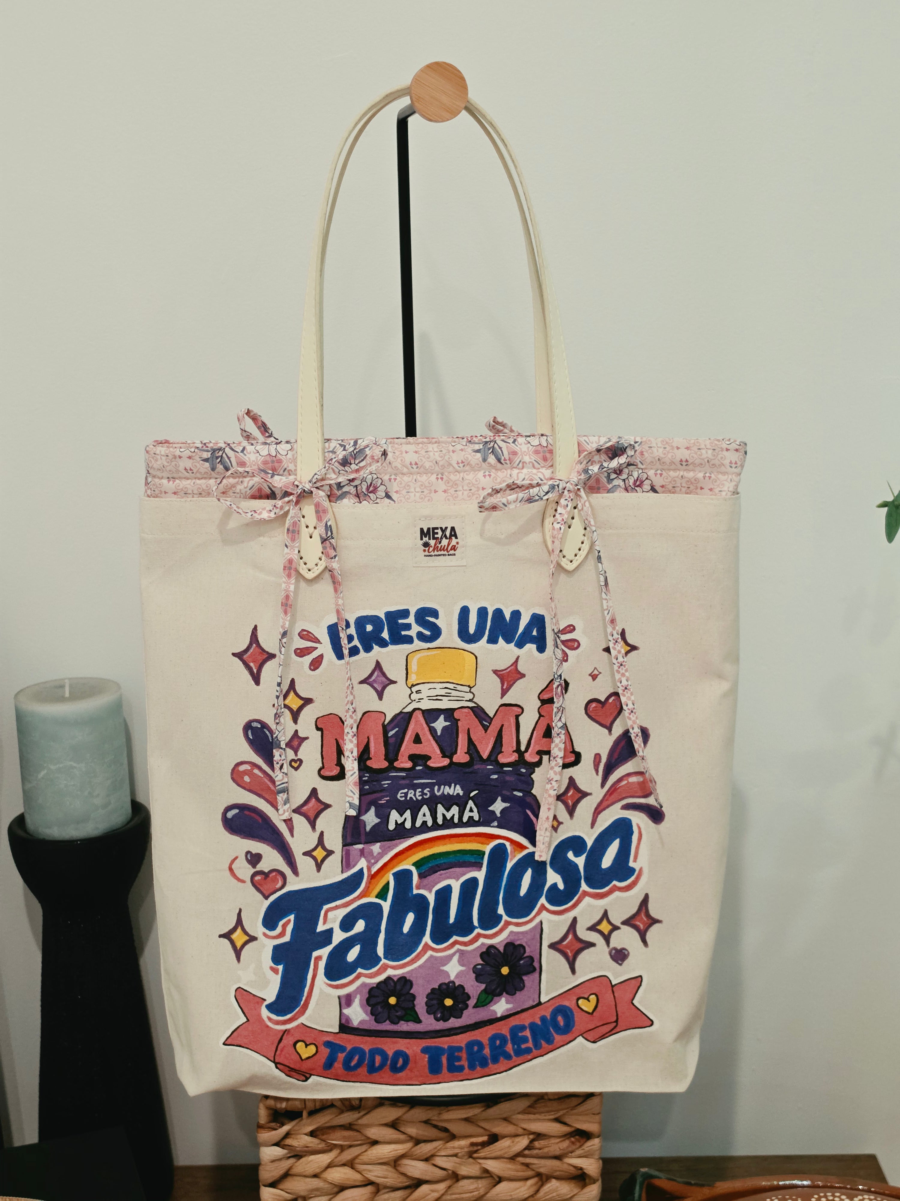 Tote Bag Pintada a Mano "Mamá Fabulosa Todo Terreno" - Set Premium 2 en 1 Desmontable