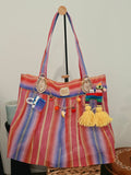 Tote Bag Premium de Mercado "Fruta Fresca" - Rayas Rosas con Dijes Frutales y Set de 3 Piezas