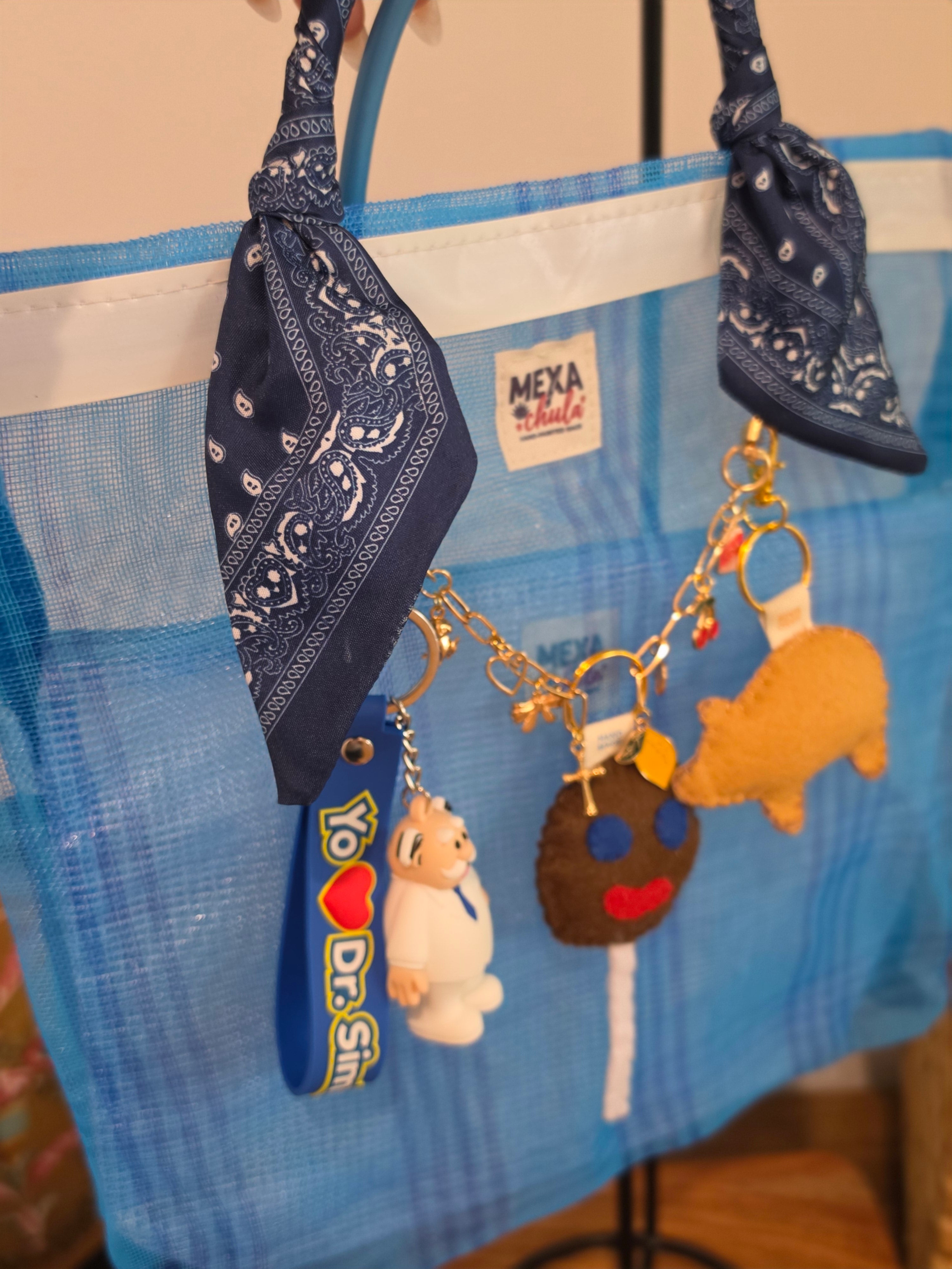 Bolso de Mercado Chico (S) "Marranito, Paleta Payaso y Dr. Simi" con Paliacate Marino