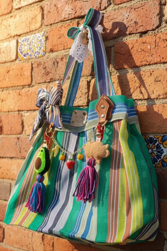 Bolsa de mercado mexicana tropical colgada al aire libre mostrando charms de aguacate y cerdito